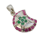 Sterling Silver, Ruby, Pearl & Emerald Crescent Moon Pendant Vintage c1990s
