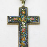 Victorian Sterling Silver Floral Micro-Mosaic Cross Necklace Antique c1860