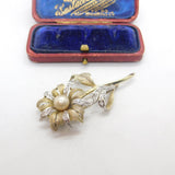 Gold on Sterling Silver, Pearl & Paste Set Floral Statement Brooch Vintage c1980