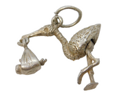 Sterling Silver Stork & the Baby Charm Pendant Vintage c1970