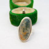 .835 Grade Silver Cabochon Cut Moss Agate Set Signet Ring Vintage c1970
