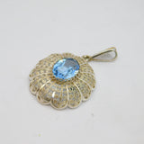 .935 Silver Blue Faceted Glass Patterned Oval Drop Pendant Vintage c1970