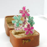 Large Sterling Silver Emerald & Ruby Paste Statement Floral Ring c1990
