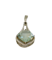 Sterling Silver Cushion Cut Blue Topaz & Diamond Cutwork Pendant Modern c1990s
