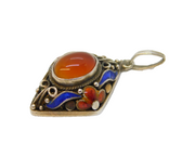 20th Century Chinese Export Sterling Silver, Carnelian & Enamel Drop Pendant