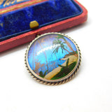 Sterling Silver & Morpho Butterfly Wing Island Scene Brooch Antique c1930 Deco