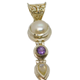 Sterling Silver Pearl, Amethyst & Moonstone Hinged Drop Pendant Modern c2000s
