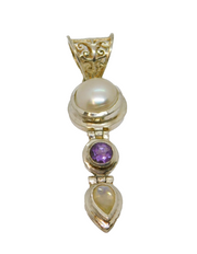 Sterling Silver Pearl, Amethyst & Moonstone Hinged Drop Pendant Modern c2000s