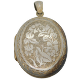 Victorian Sterling Silver Fronted Brass Large Floral Locket Pendant Antique 1860