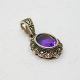 Sterling Silver Amethyst & Marcasite Art Deco Oval Drop Pendant Antique c1930s