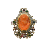 Austro-Hungarian Silver & Gold, Coral Cherub, Emerald & Ruby Ring Antique