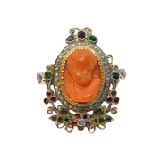 Austro-Hungarian Silver & Gold, Coral Cherub, Emerald & Ruby Ring Antique