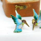 Sterling Silver Colourful Enamel Hummingbird Stud Earrings Antique c1930 Deco