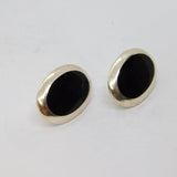 Pair of Sterling Silver Black Enamel Large Oval Stud Earrings Vintage c1970