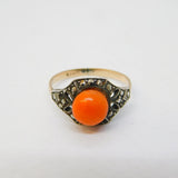 Art Deco 9ct Gold & Silver Set, Coral & Marcasite Dress Ring Antique c1920s