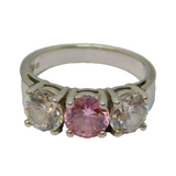 Sterling Silver 3 Stone Pink & Clear CZ Dress Ring Vintage c1970 Size P