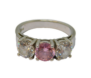 Sterling Silver 3 Stone Pink & Clear CZ Dress Ring Vintage c1970 Size P