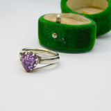 Sterling Silver Purple Crystal Heart Multi-Strand Ring Vintage c1970 Size O