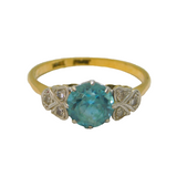 Art Deco 18ct Gold & Platinum Set, Blue Zircon & Diamond Dress Ring Antique