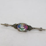 Art Deco Sterling Silver, Iridescent Glass & Marcasite Bar Brooch Antique