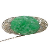 20th Century 9ct White Gold, Diamond & Carved Jade Floral Brooch Antique