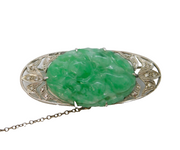 20th Century 9ct White Gold, Diamond & Carved Jade Floral Brooch Antique