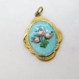 Gold Plated & Rose Flower Enamel Set Drop Pendant Antique c1920 Art Deco