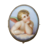 19th Century Sterling Silver Painted Porcelain Cherub Brooch Antique c1880s