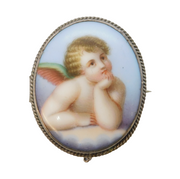 19th Century Sterling Silver Painted Porcelain Cherub Brooch Antique c1880s