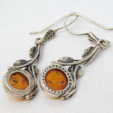 Sterling Silver & Baltic Amber Floral Drop Earrings Vintage c1980s