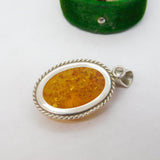 Sterling Silver Cabochon Baltic Amber Drop Pendant Vintage c1970