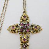 Austro-Hungarian Sterling Silver Garnet, Pearl & Enamel Cross Necklace Antique