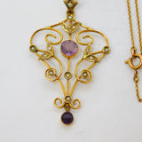 Edwardian 9ct Gold, Amethyst & Seed Pearl Lavalier Pendant Necklace Antique