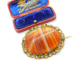 Large Victorian Rolled Gold Floral Framed Red Banded Agate Brooch Antique c1860