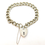 Sterling Silver Chunky Curb Chain Heart Lock Clasp Bracelet Vintage c1970