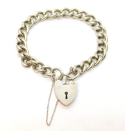 Sterling Silver Chunky Curb Chain Heart Lock Clasp Bracelet Vintage c1970
