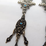 Sterling Silver Large Turquoise Set Filigree Hook Drop Earrings Vintage c1990