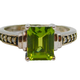Sterling Silver Emerald Cut Peridot & Diamond Ring Vintage c1970 Size N 1/2