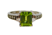 Sterling Silver Emerald Cut Peridot & Diamond Ring Vintage c1970 Size N 1/2