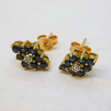 9ct Yellow Gold, Sapphire & Diamond Floral Cluster Stud Earrings Vintage