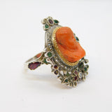 Austro-Hungarian Silver & Gold, Coral Cherub, Emerald & Ruby Ring Antique