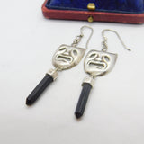 Sterling Silver Theatrical Muse Mask Onyx Drop Earrings Vintage c1970