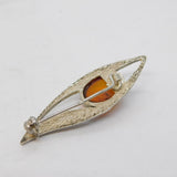 Sterling Silver & Baltic Amber Leaf Set Bar Brooch Vintage c1970s