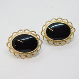Pair of Sterling Silver Black Onyx Agate Oval Large Stud Earrings Vintage c1970