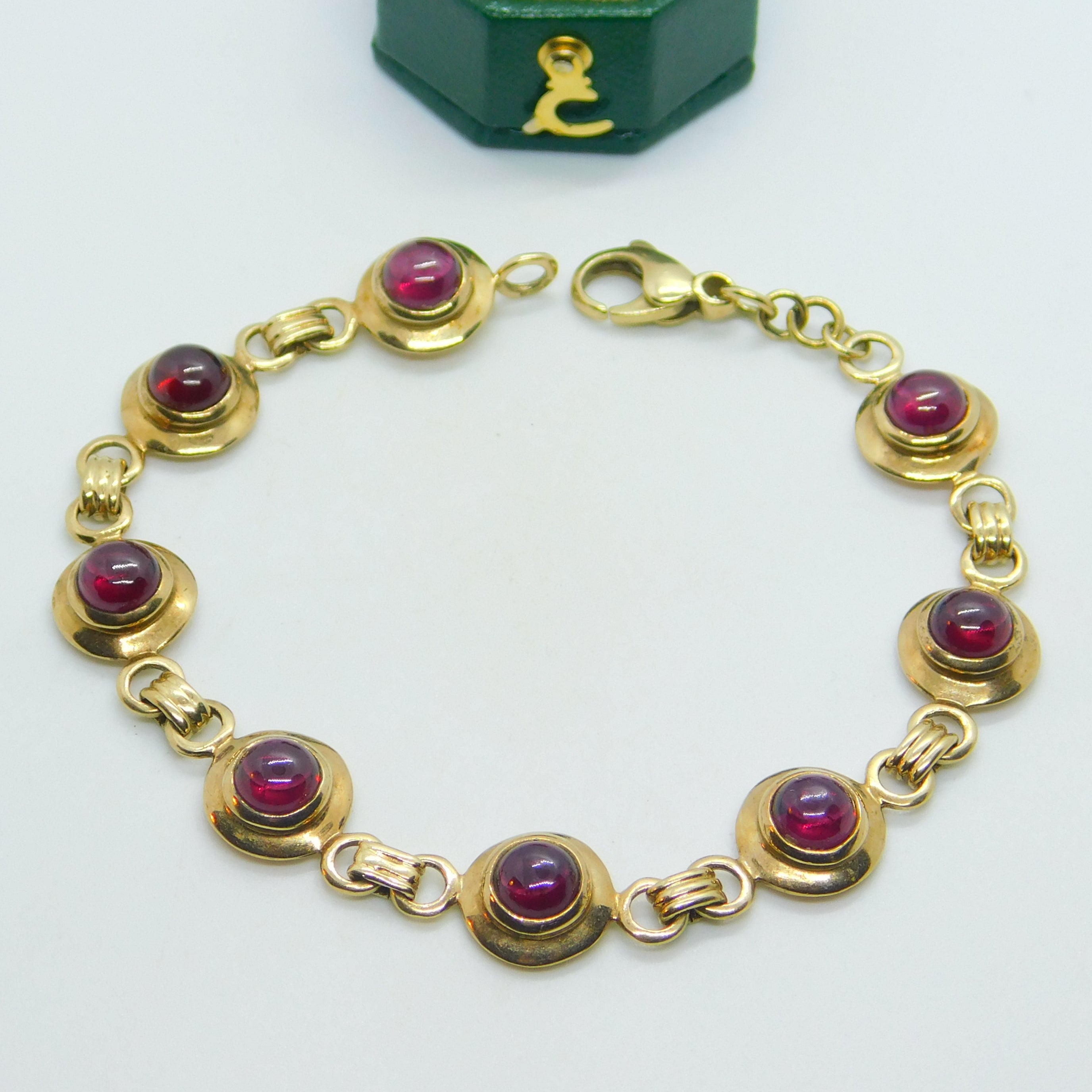 9ct Yellow Gold & Cabochon Almandine Garnet Panel Bracelet Vintage c1970