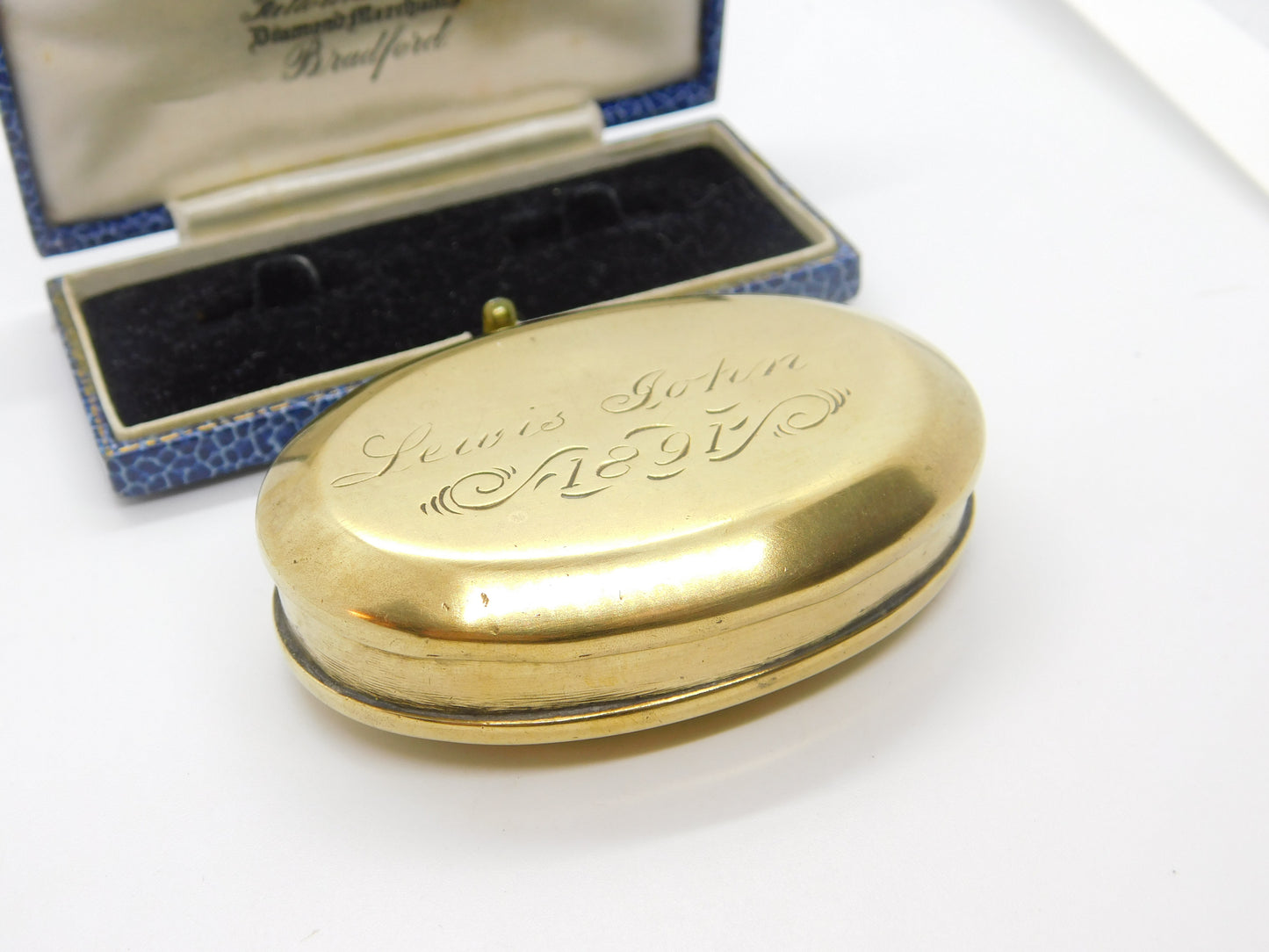 Victorian Brass Oval Form Snuff Box 'Lewis John 1891' Antique Engraved