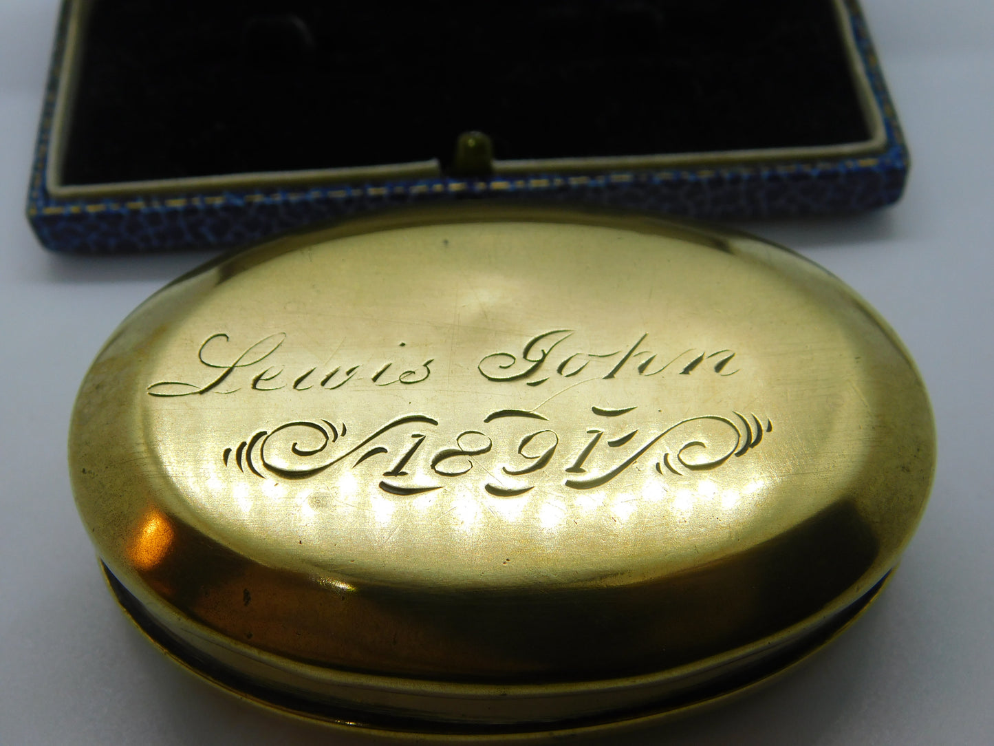 Victorian Brass Oval Form Snuff Box 'Lewis John 1891' Antique Engraved