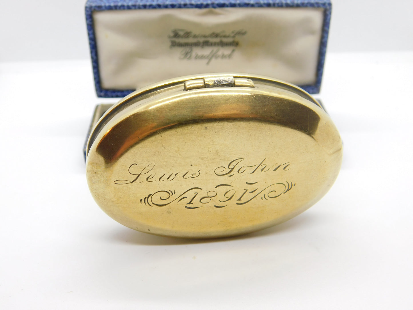 Victorian Brass Oval Form Snuff Box 'Lewis John 1891' Antique Engraved