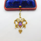 Amethyst, Seed Pearl 9ct Yellow Gold Dangling Pendant Lavalier Antique Victorian