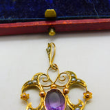 Amethyst, Seed Pearl 9ct Yellow Gold Dangling Pendant Lavalier Antique Victorian